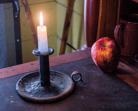 Early Morning Light, candle, flame, apple, desk, mug, Dallas Heritage Park